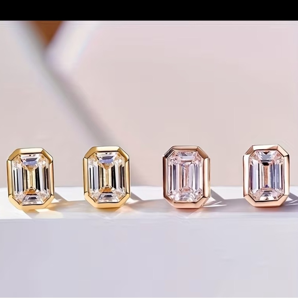 Modern Emerald Cut Diamond Studs • Bezel Set • Rose Gold Finish - Picture 4 of 5
